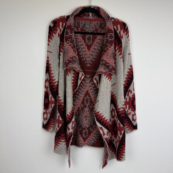 Quinn Womens Long Sleeve Knit Aztec Ethnic Open Cardigan Red/Grey Sweater Small - Picture 1 of 9